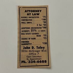 Attorney at Law John D. Tuley Divorce Uncontested 1981 Ft. Myers Ad SAI5-S31